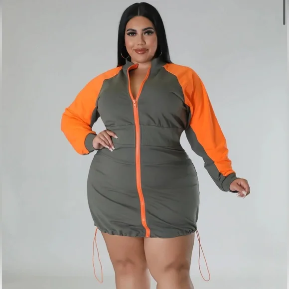 Dresses | Olive Green Orange Long Sleeve Mini Dress Zip Up Drawstring |  Poshmark